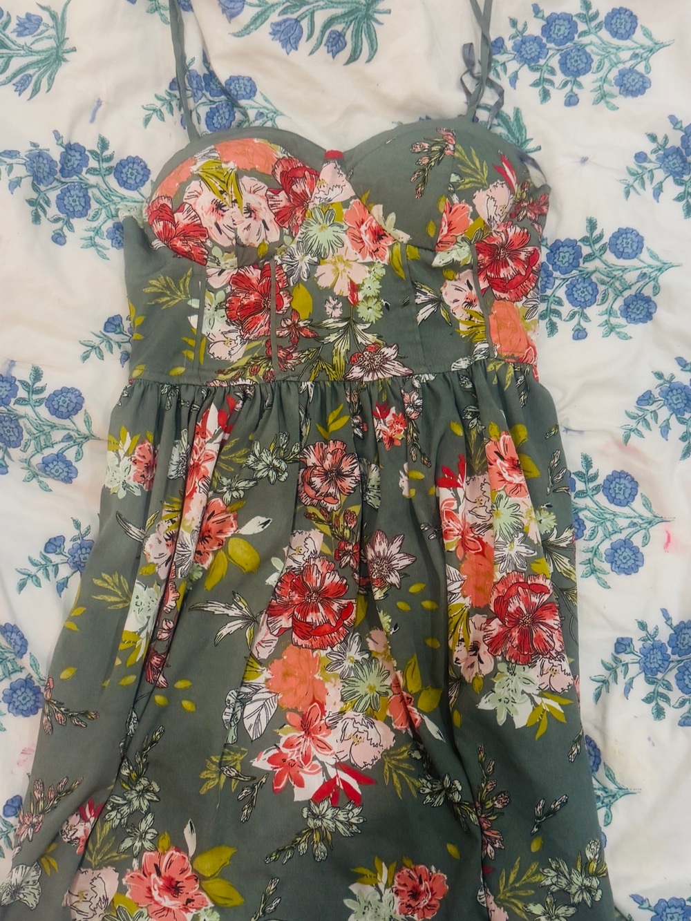 Strapless Floral Sundress in Olive with Coral Blooms